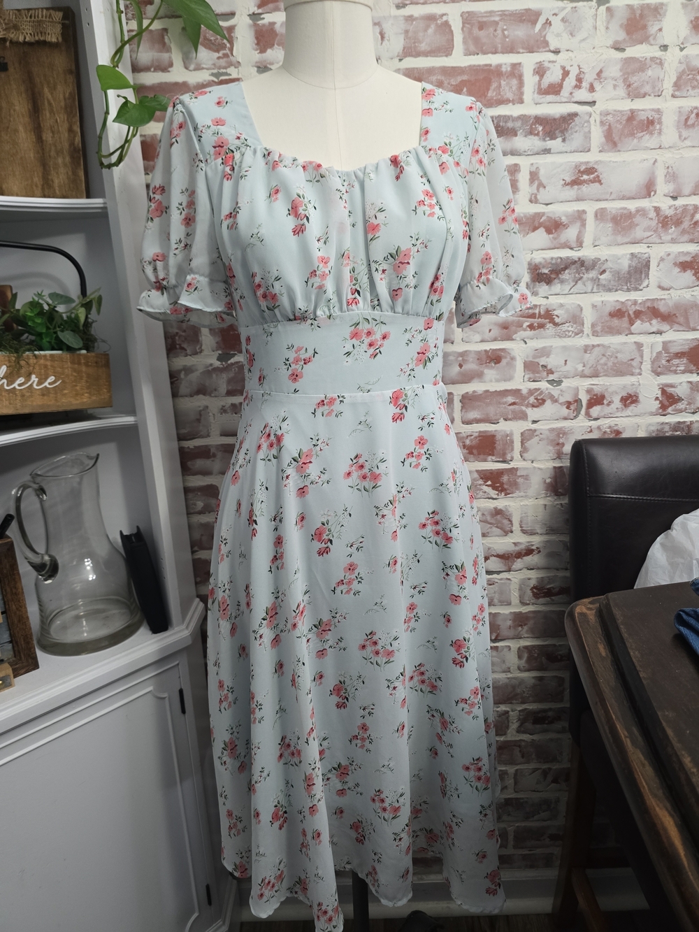 Light Blue Floral Midi Dress with Puff Sleeves